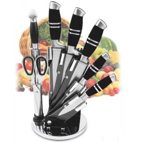 Набір ножів Benson BN-403 кухонних 9 предметів із підставкою + ножиці з нерж. сталі Сріблястий, фото 1