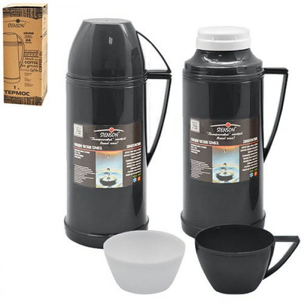 Термос Stenson 1л зі скляною колбою MT-4578-10 black, фото 1
