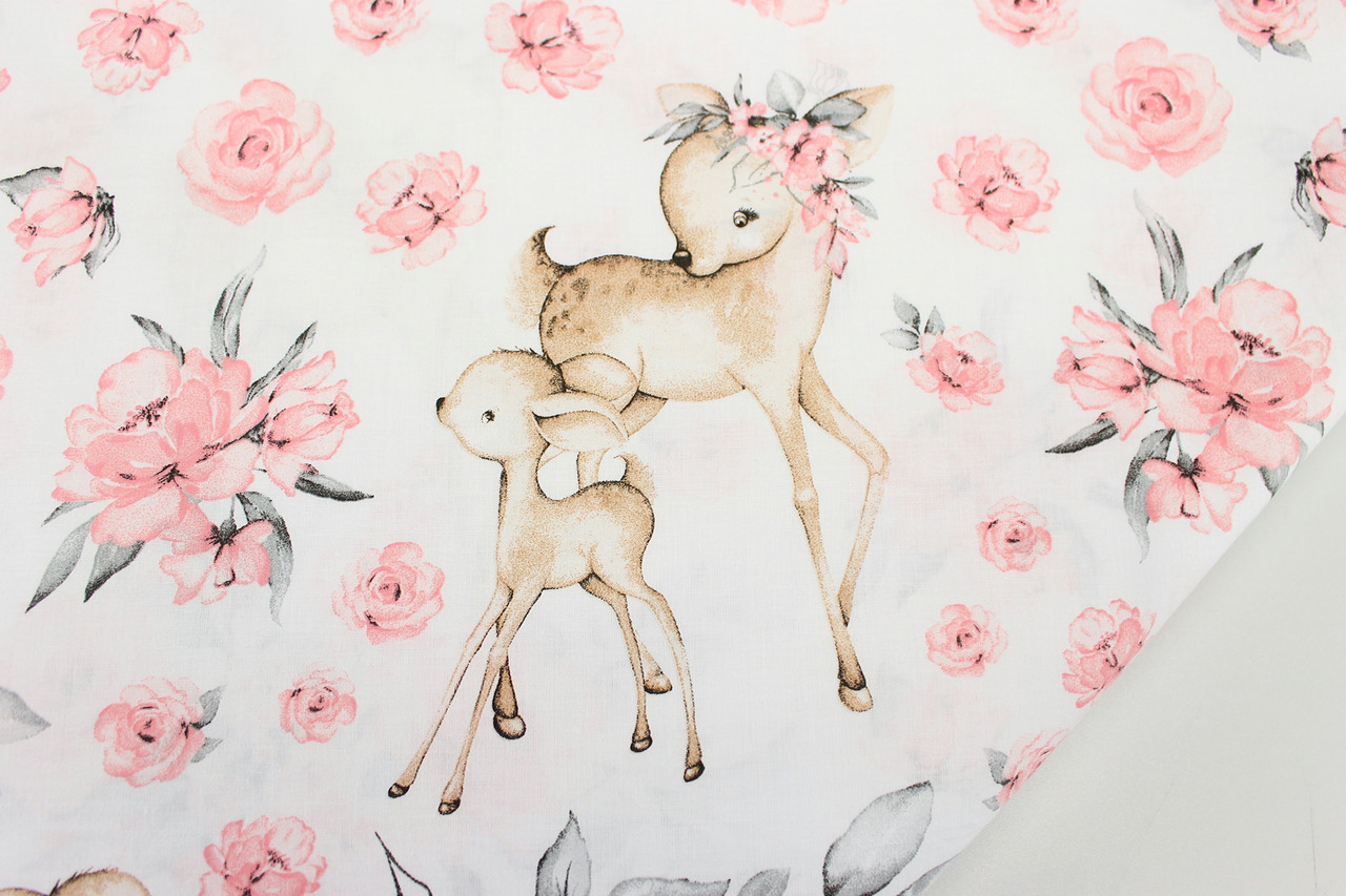 Польська бязь" Косулі з трояндами " на білому фоні № Е-1917, фото 1