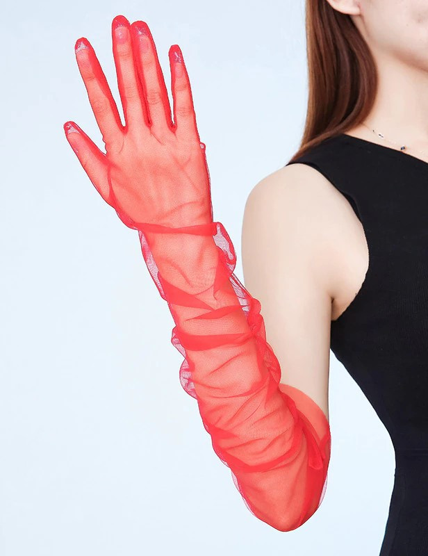 Рукавички червоні прозорі вище ліктя, рукавички червоні фатинові довгі, фото 1