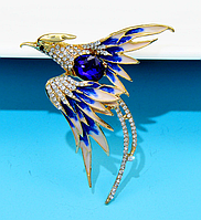 Брошь брошка жар птица павлин в камнях нарядно золотистый металл синий камень