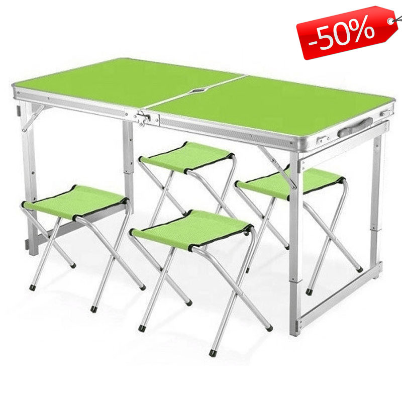 Стіл туристичний складаний посилений, Алюмінієвий міцний стіл + 4 стільці для пікніка та кемпінгу Зелений