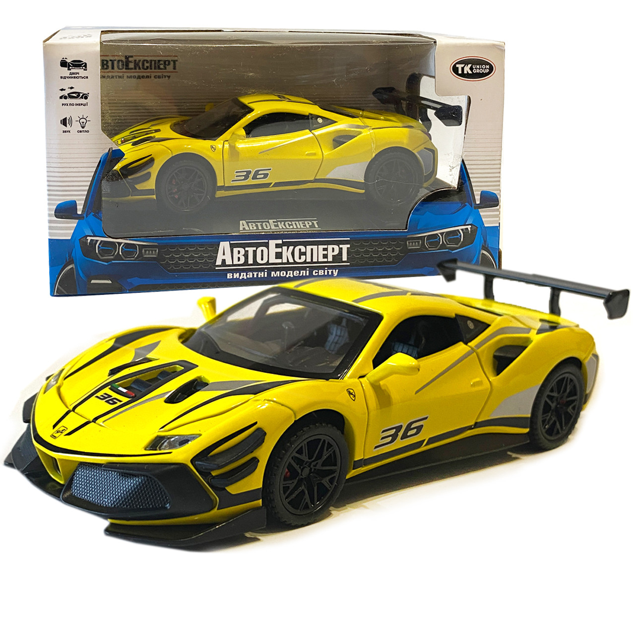 Машинка металева дитяча Ferrari Феррарі, жовта, Авто Експерт металопластик, 1:32, звук, світло, інерція, відчиняються двері,, фото 1