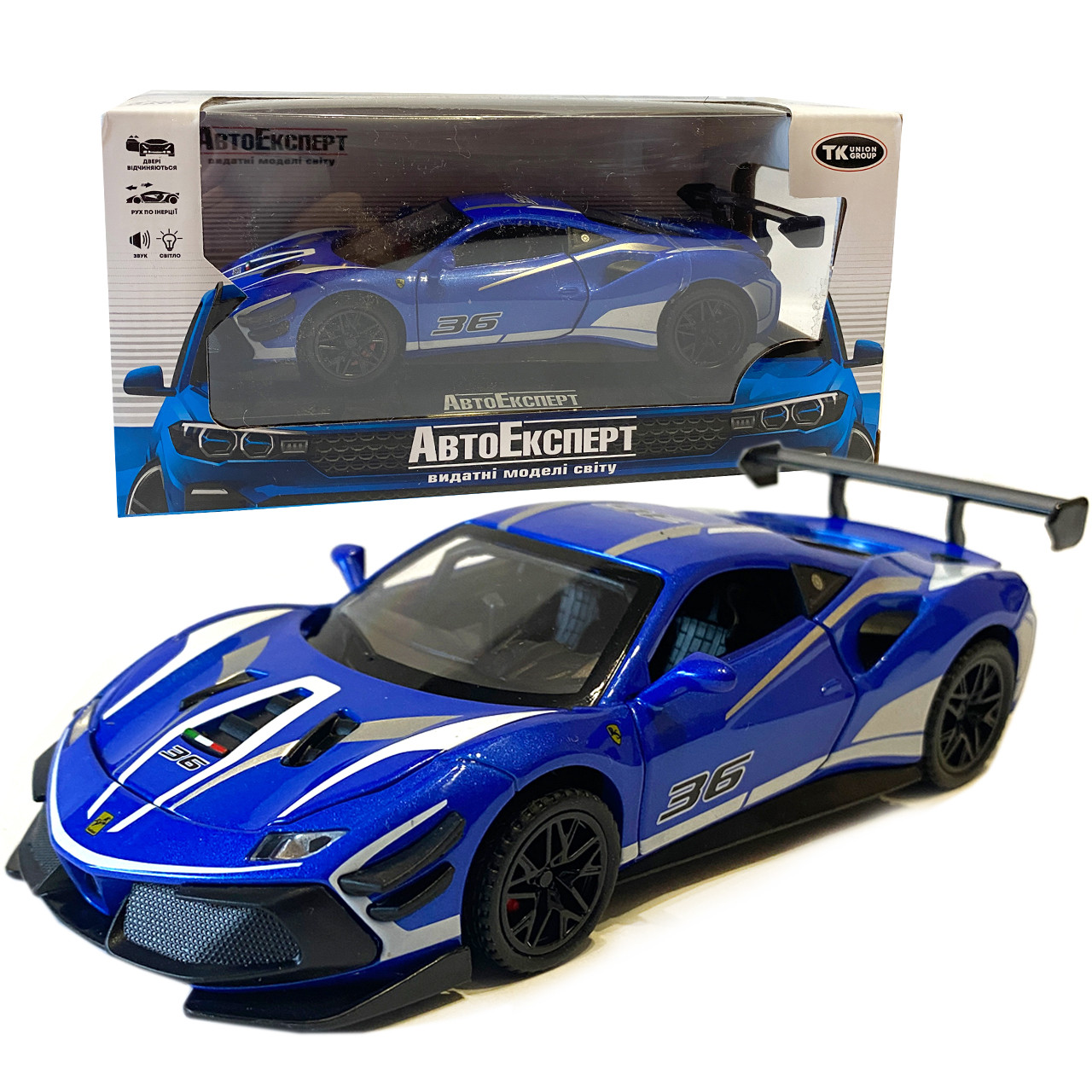 Машинка металева дитяча Ferrari Феррарі, синя, Авто Експерт металопластик, 1:32, звук, світло, інерція, відчиняються двері, капот,, фото 1
