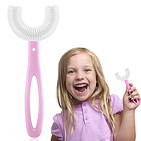 Детская U-образная зубная щетка 12см, на 6-12 лет, Розовая / Щетка-капа для детей / Силиконовая зубная щетка