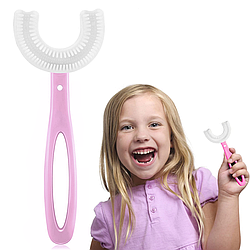 Дитяча U-подібна зубна щітка 12см, на 6-12 років, Рожева / Щітка-капа для дітей / Силіконова зубна щітка