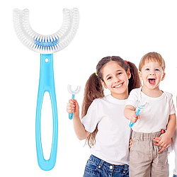 Дитяча U-подібна зубна щітка 12см, на 6-12 років, Блакитна / Щітка-капа для дітей / Силіконова зубна щітка