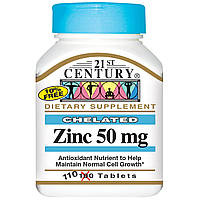 Цинк, 50 мг, 110 таблеток, 21st Century. Сделано в США