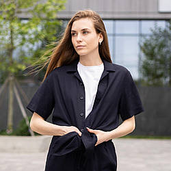 Льняна сорочка жіноча з коротким рукавом marsel літня темно-синя сорочка класична повсякденна на літо