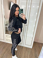 Женский спортивный костюм Versace черный со стразами с капюшоном (Версаче трикотаж двухнить Турция)
