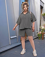 Літній жіночий прогулянковий костюм великого розміру сорочка та шорти з крепу, фото 4