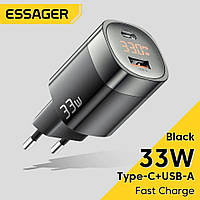 Зарядний пристрій Essager 33W GaN III PD з швидкою зарядкою і дисплеєм QC 3.0 USB+Type-C Black