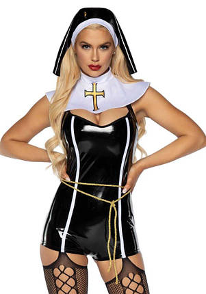Вініловий костюм монашки Leg Avenue Sinful Sister L, комбінезон, комір, пояс, головний убір, фото 1