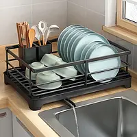 Прочная Настольная Кухонная Сушка для Посуды и Столовых Приборов из Нержавеющей Стали и Водоотливом, черная