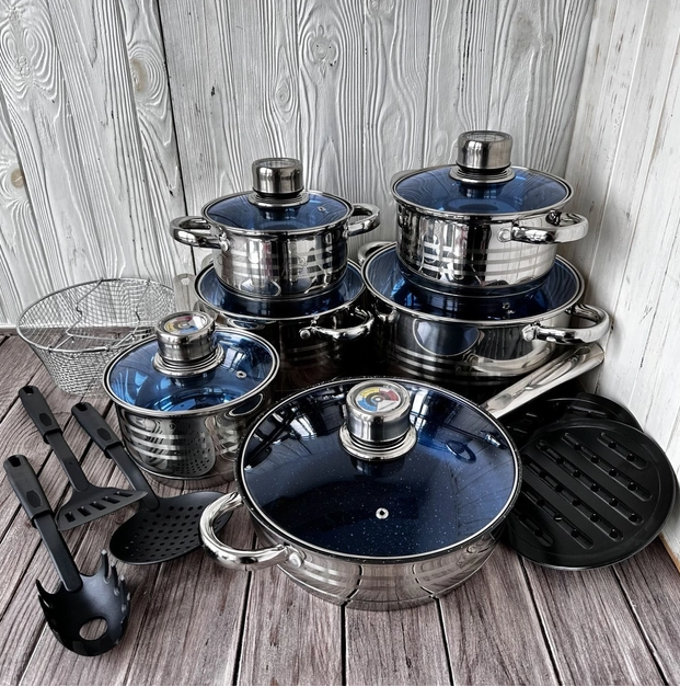 Набір посуду German Family GF-2054 з нержавіючої сталі 18 предметів (каструлі, ківш, сковорідка, фритюрниця), фото 1