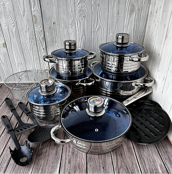 Набір посуду German Family GF-2054 з нержавіючої сталі 18 предметів (каструлі, ківш, сковорідка, фритюрниця)