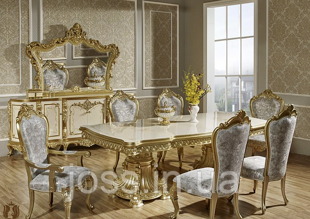 Стіл класичний білий із золотом + 8 стільців бароко JOSS Флорентина 240(320)х120х81 см, фото 2