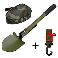 Складная саперная лопата 5в1, Олива + Подарок Тактический пластиковый карабин / Тактическая саперка в чехле