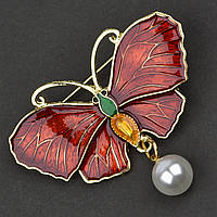 Брошь металлическая на золотистой основе бабочка с жемчужинкой покрыта цветной эмалью размер 45х50 мм