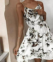 Красивое модное стильное летнее шифоновое женское платье сарафан в серый цветочек белый р.42