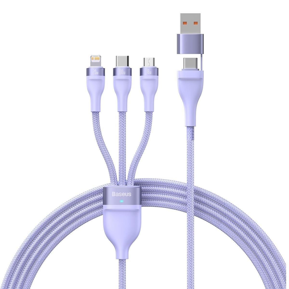 Кабель для швидкої зарядки Type-С+USB на Lightning+MicroUSB+Type-C 100W BASEUS Flash Series Ⅱ (фіолетовий) 1.2м