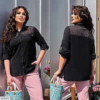 Блузка-рубашка женская красивая летняя легкая повседневная прошва рукав три четверти больших размеров 48-58