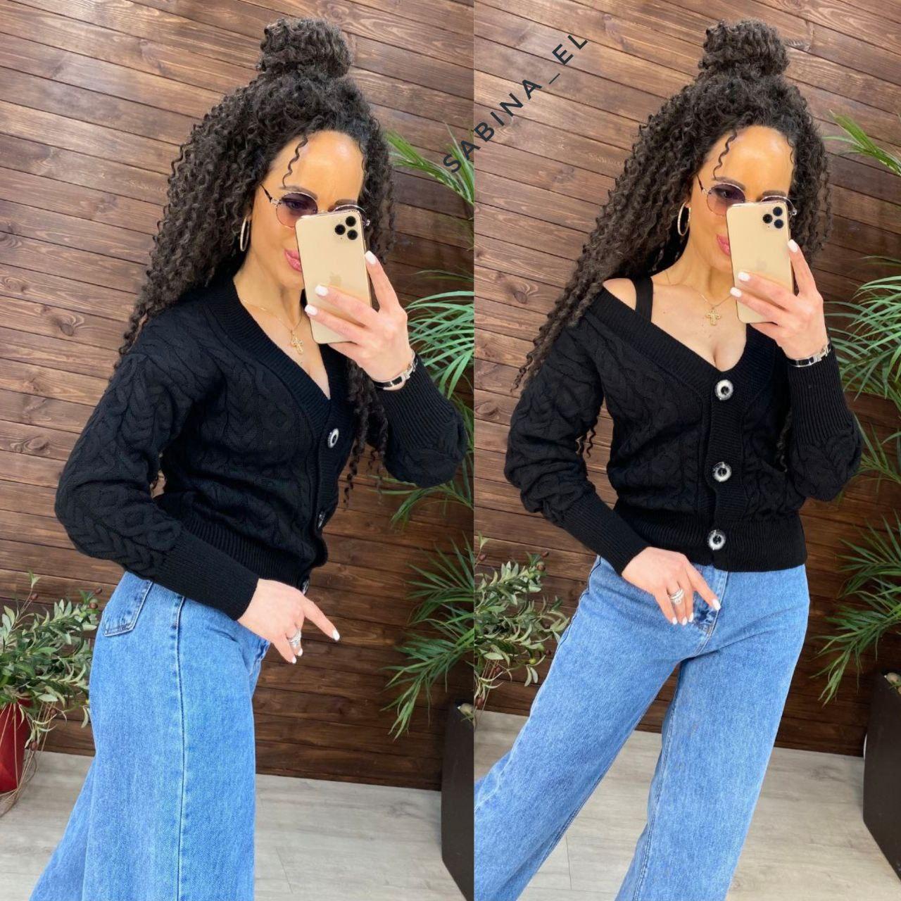 Стильна в'язана кофта на ґудзиках із візерунком коса, фото 1