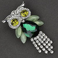 Брошка металева на сріблястій основі сова зі смарагдовим кристалом хвіст висулька розмір 45Х25 мм