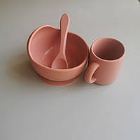 Детская силиконовая глубокая тарелка с ложкой на присоске и чашка чайная роза