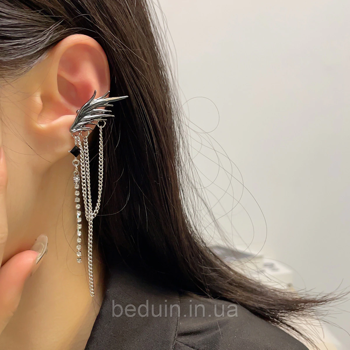 Ельфійські Сережки Кліпси з ланцюжком "Крилья" — сріблясті Aushal JEWELRY