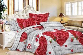 Комплект постільної білизни Бязь Сірий із серцями з троянд Полуторний розмір 150х220