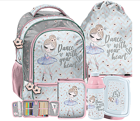Рюкзак шкільний портфель для дівчинки з балериною, комплект набір 5 шт. Paso