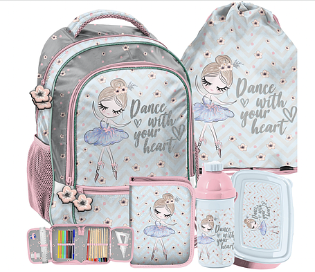 Рюкзак шкільний портфель для дівчинки з балериною, комплект набір 5 шт. Paso, фото 2