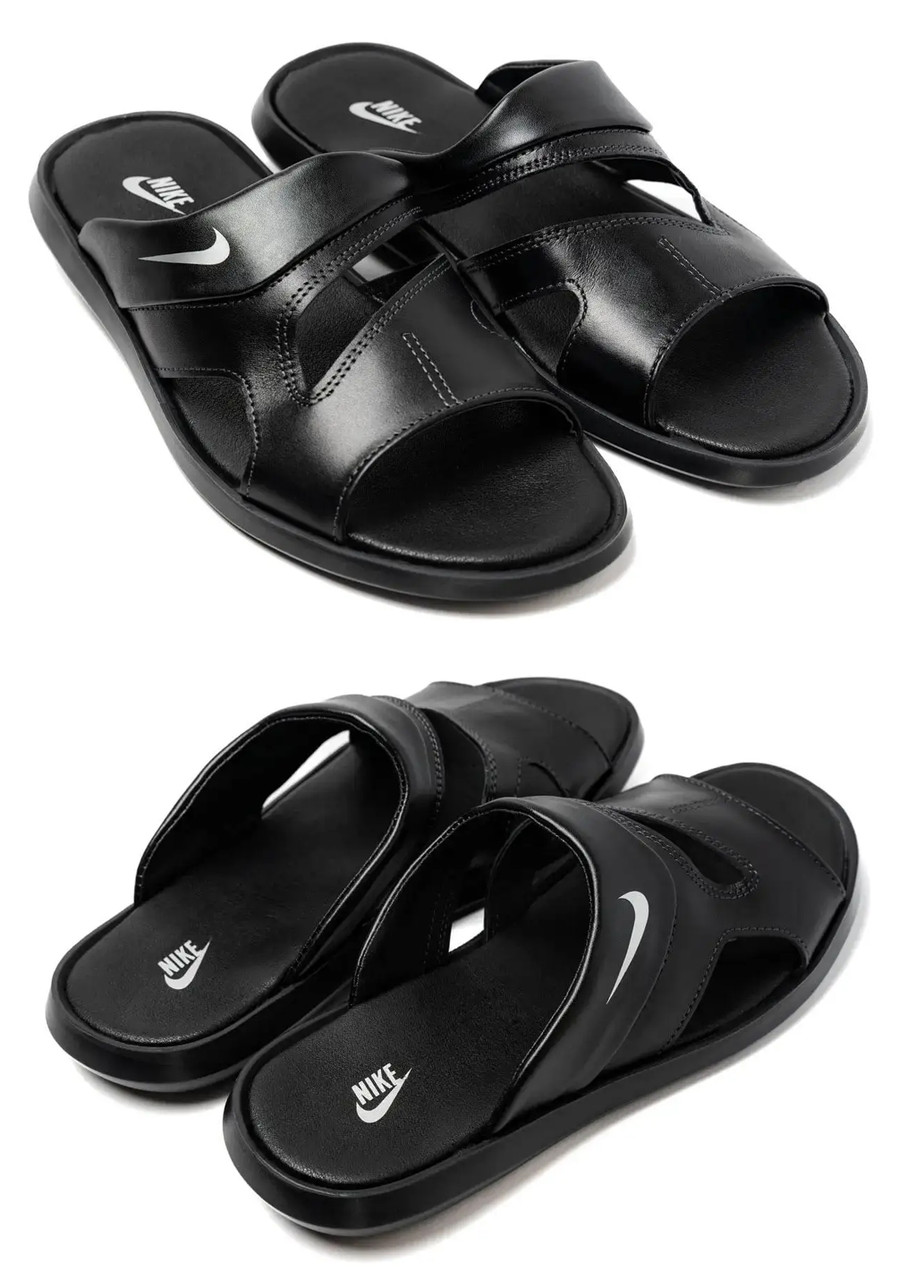Чоловічі шкіряні літні шльопанці-сланці Nike Classic, Літні чоловічі чорні шльопанці Найк. Чоловіче взуття, фото 1
