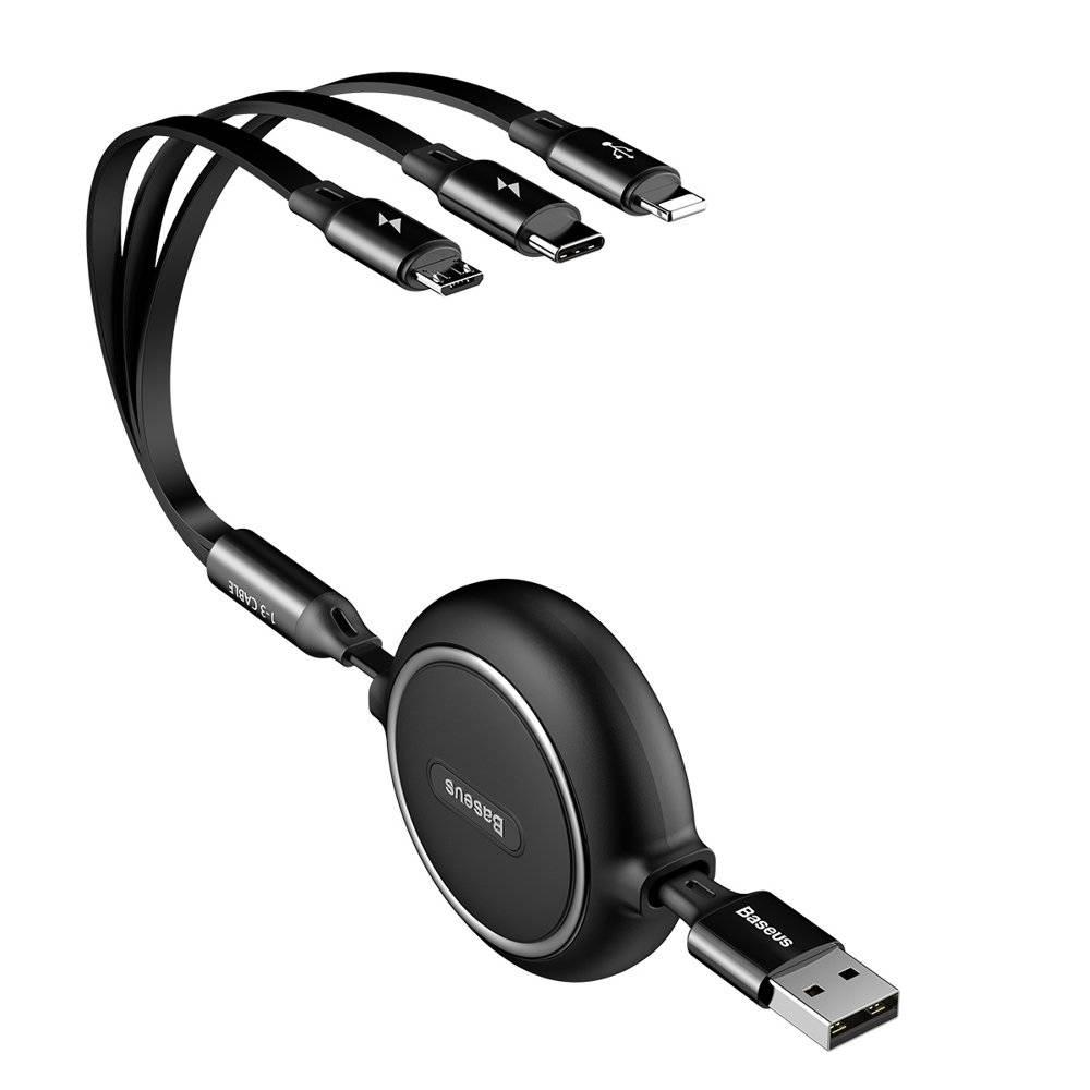 USB кабель 3в1 Micro USB Lightning Type-C Baseus Golden Loop кабель рулетка (1.2m, 3.5A). Black