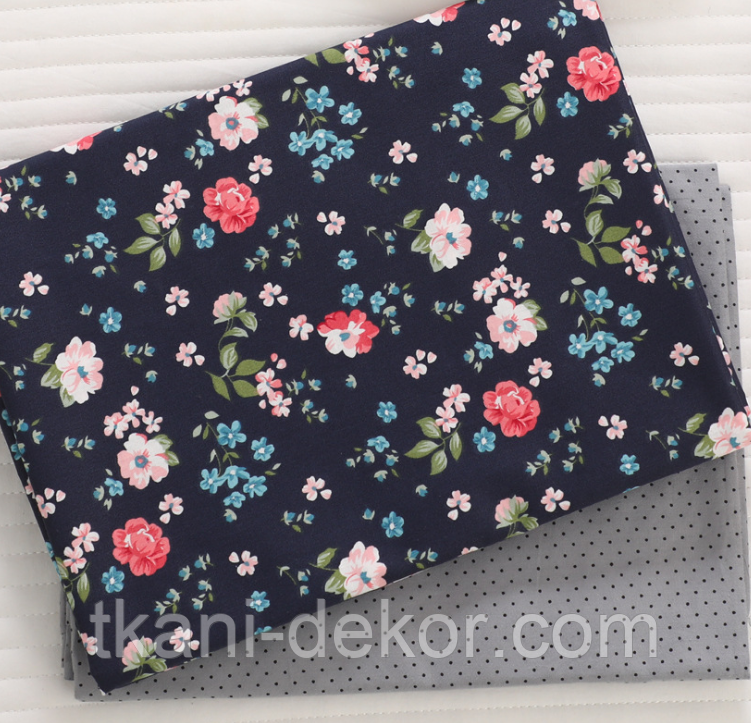 Сатин (бавовняна тканина) квіти на темно-синьому (ширина 160см, 120г/м2), фото 1