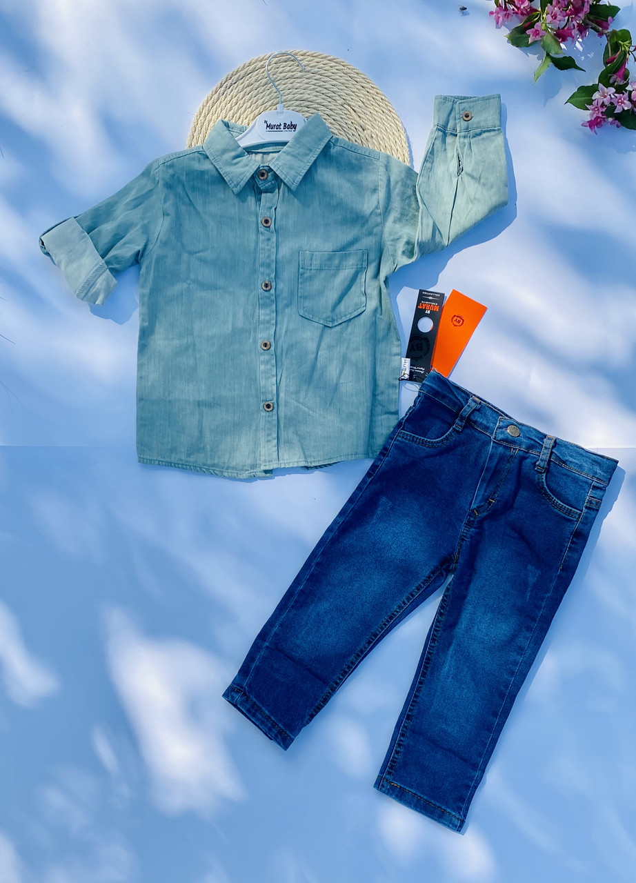 Дитячий джинсовий костюм для хлопчика сорочка та штани Туреччина бірюзовий