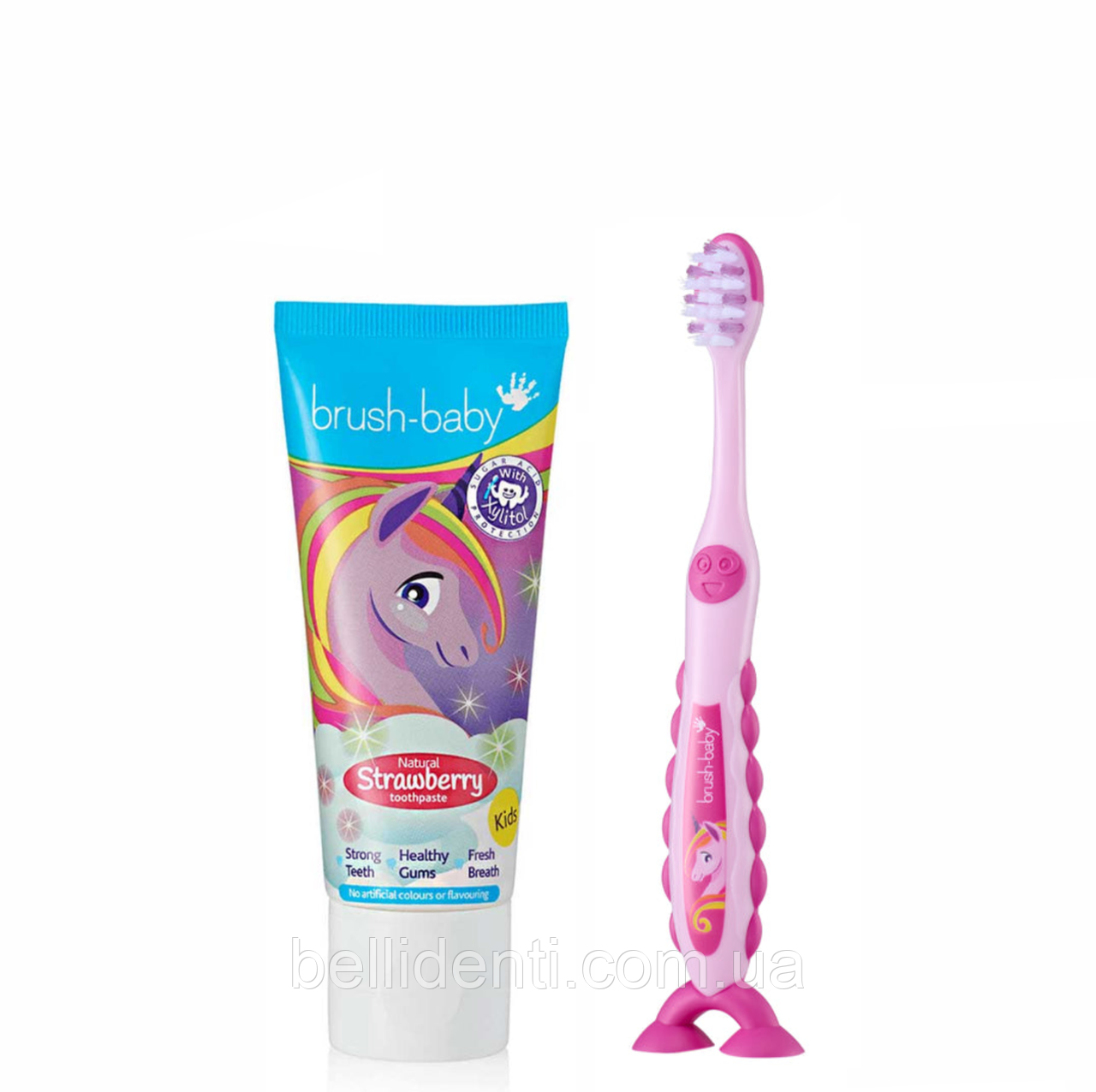 Набір Brush-Baby Floss Brush від 3 років (паста 50 мл + щітка на присосці), єдиноріжка