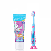 Набір Brush-Baby Floss Brush від 3 років (паста 50 мл + щітка на присосці), фламінго