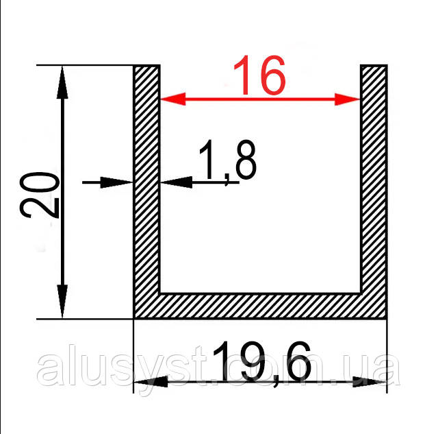 16мм / 19,6х20х1,8мм алюмінієвий швелер 3 метра / без покриття