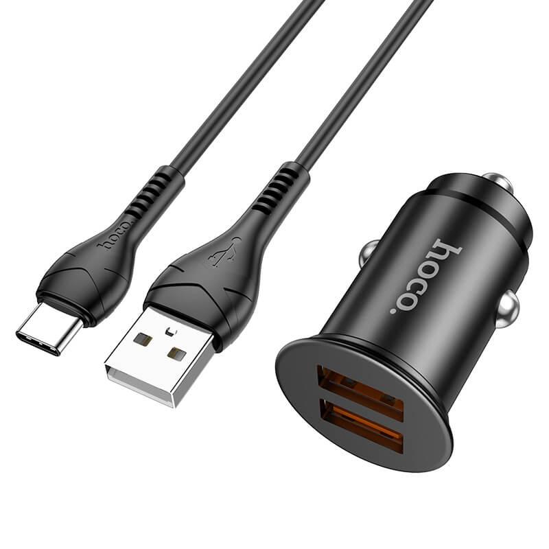 Адаптер автомобільний Hoco Type-C Cable Developer dual port Car charger set NZ1 |2USB, 3A, 36W, QC|