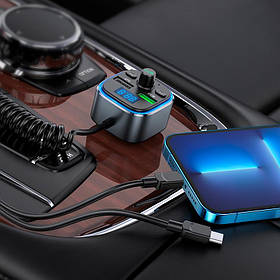 Адаптер автомобільний Hoco Energy with Lightning / Type-C Cable car BT FM transmitter E74 |2USB, 3A/18W, QC|