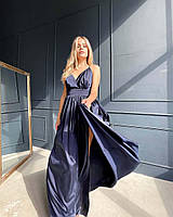 Вечірня шовкова темно-синя сукня довга з розрізом і відкритою спиною