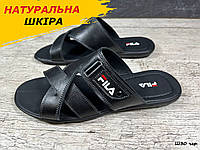 Летние мужские кожаные шлепки Fila, черные классические шлепанцы из натуральной кожи на лето *Ш30 чер*