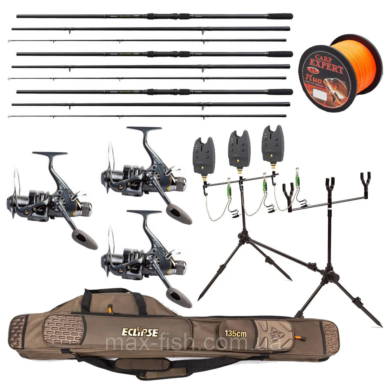 Карповий набір На 3 вудилища Flagman Black Carp 3.9м з котушками + Рід-під + Сигназатори + Чохол