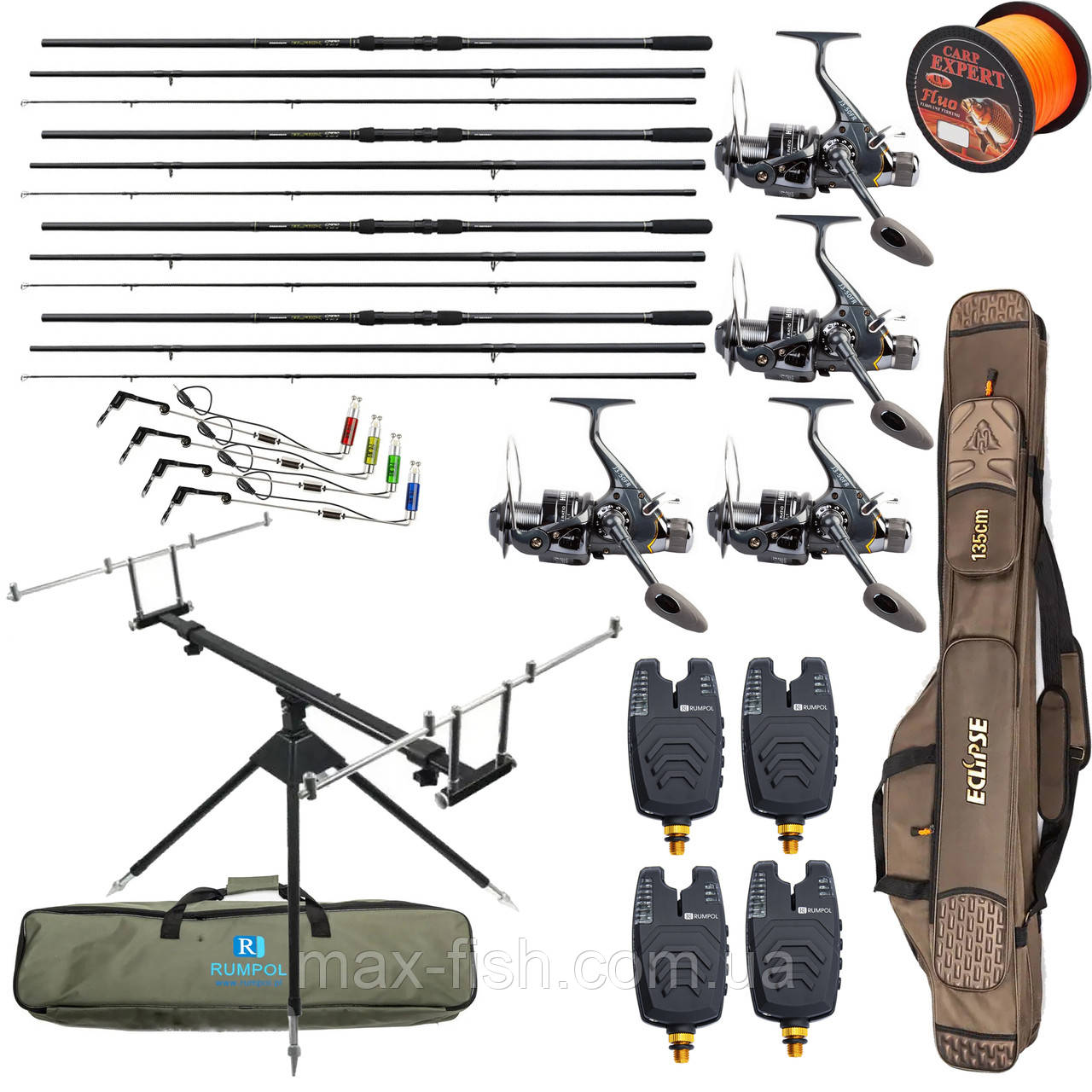 Карповий набір На 4 вудилища Flagman Black Carp 3.9м з котушками + Рід-під + Сигназатори + Чохол
