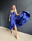 Вечірня шовкова синя сукня довга з розрізом і відкритою спиною, фото 4