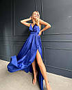 Вечірня шовкова синя сукня довга з розрізом і відкритою спиною, фото 5