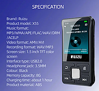 MP3 плеєр Ruizu X55 Bluetooth Hi-Fi 8Gb з кліпсою, фото 3