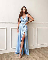 Вечернее шелковое голубое платье длинное с разрезом и открытой спиной